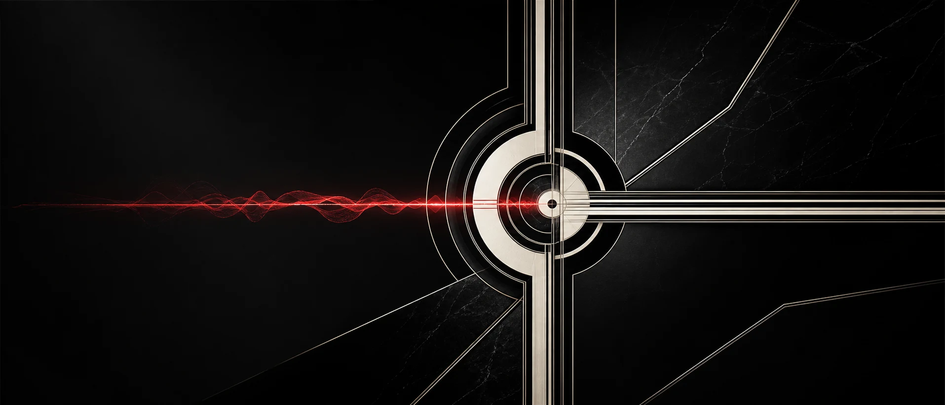 A red speech signal entering a precise black and ivory Art Deco machine core.